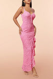 Pink Lace Ruffles Ball Dress with Slit