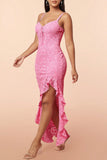Pink Lace Ruffles Ball Dress with Slit