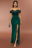 Dark Green Off the Shoulder Sparkly Ball Dress with Slit