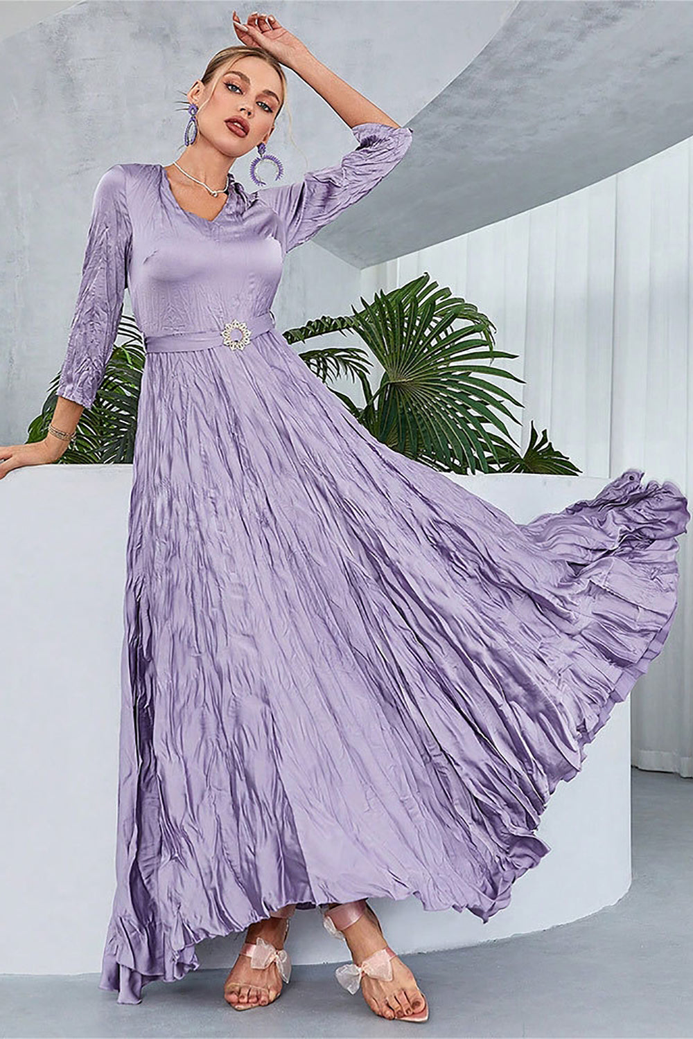 Lilac Pleated A Line Long Sleeves Ball Dress