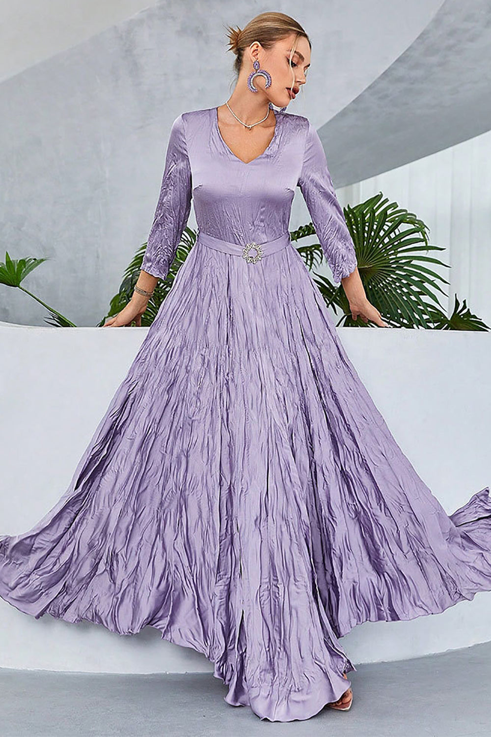 Lilac Pleated A Line Long Sleeves Ball Dress