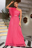 Coral One Shoulder Tulle Long Ball Dress with Belt