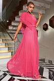 Coral One Shoulder Tulle Long Ball Dress with Belt