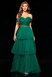 Off the Shoulder Dark Green Tiered Ball Dress with Ruffles