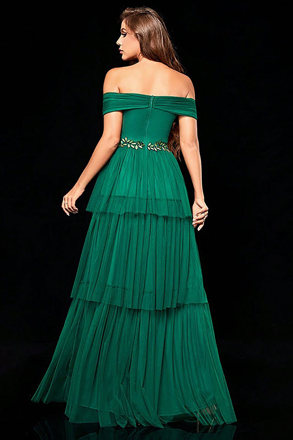 Off the Shoulder Dark Green Tiered Ball Dress with Ruffles