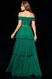 Off the Shoulder Dark Green Tiered Ball Dress with Ruffles