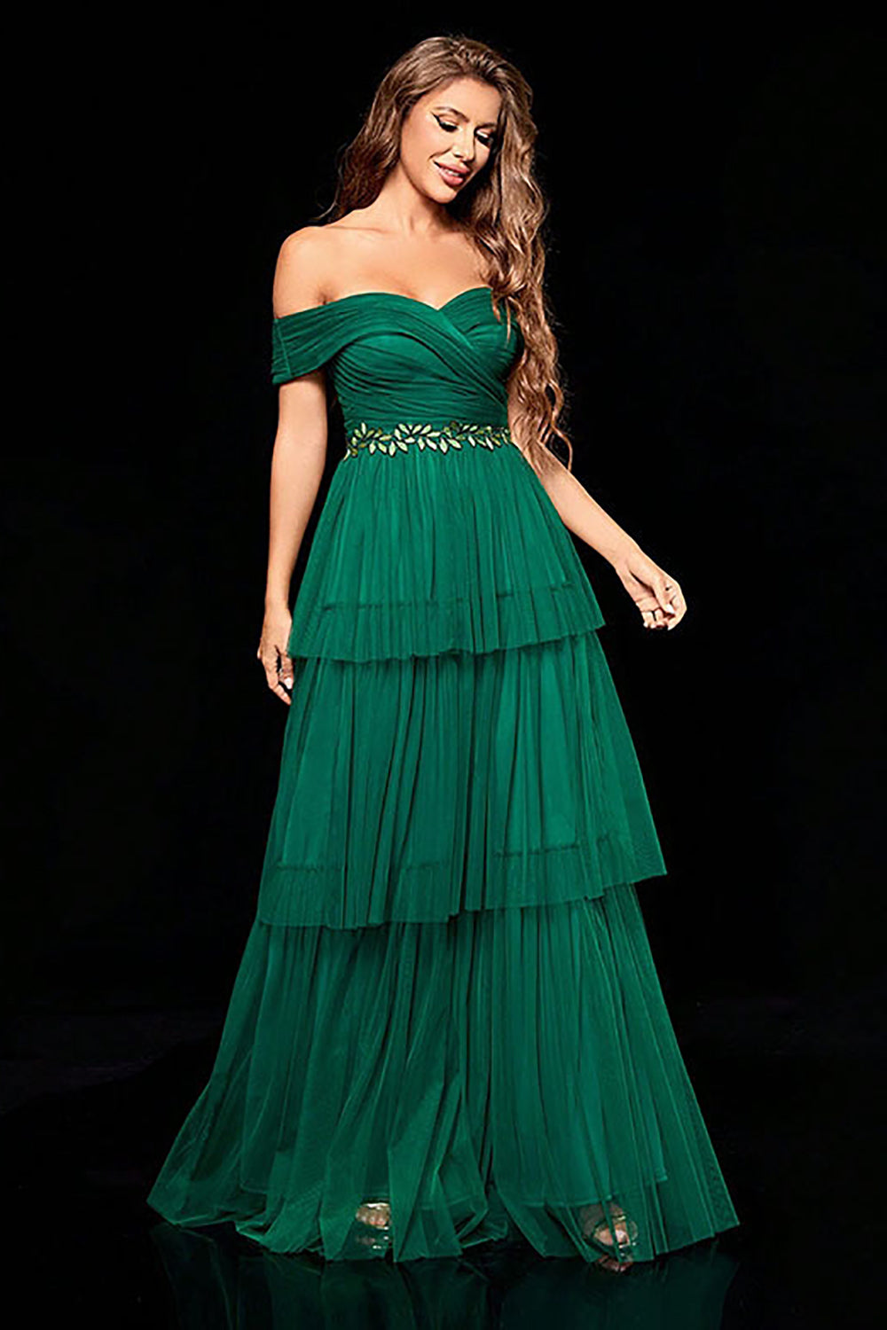 Off the Shoulder Dark Green Tiered Ball Dress with Ruffles
