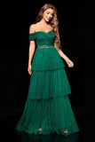 Off the Shoulder Dark Green Tiered Ball Dress with Ruffles