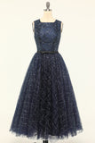 Glitter Navy Tulle Formal Party Dress