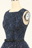 Glitter Navy Tulle Formal Party Dress