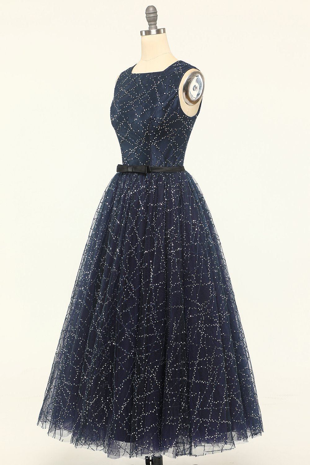 Glitter Navy Tulle Formal Party Dress