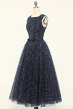 Glitter Navy Tulle Formal Party Dress