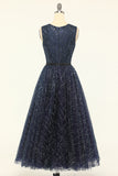 Glitter Navy Tulle Formal Party Dress