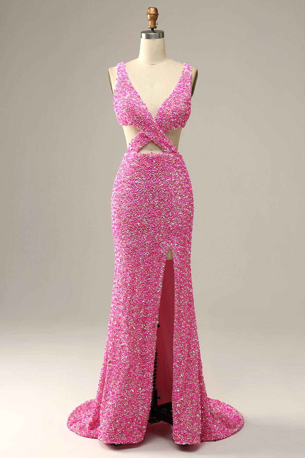 Fuchsia Sequined V-Neck Cut Out Ball Dress