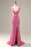 Fuchsia Sequined V-Neck Cut Out Ball Dress