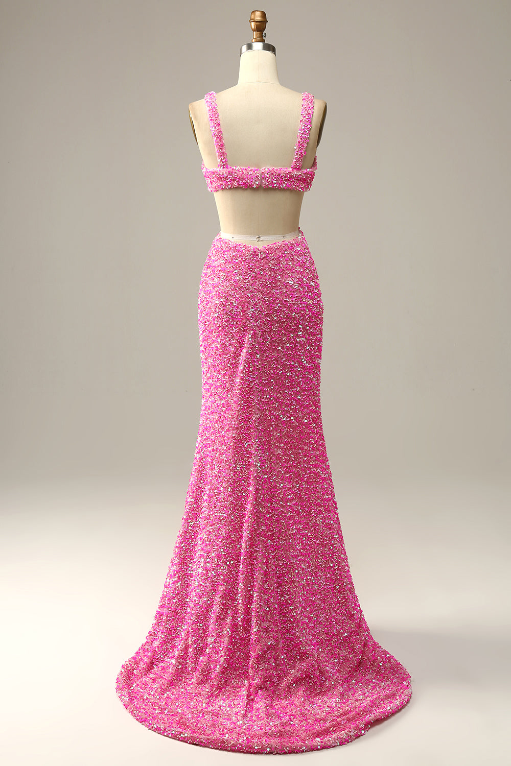 Fuchsia Sequined V-Neck Cut Out Ball Dress
