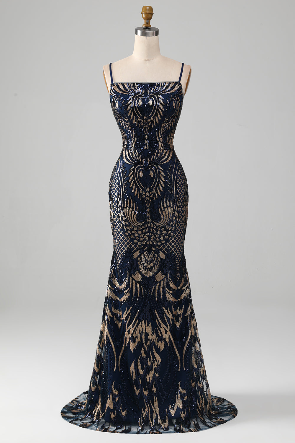Sparkly Navy Mermaid Spaghetti Straps Ball Dress