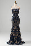 Sparkly Navy Mermaid Spaghetti Straps Ball Dress