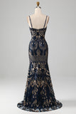 Sparkly Navy Mermaid Spaghetti Straps Ball Dress