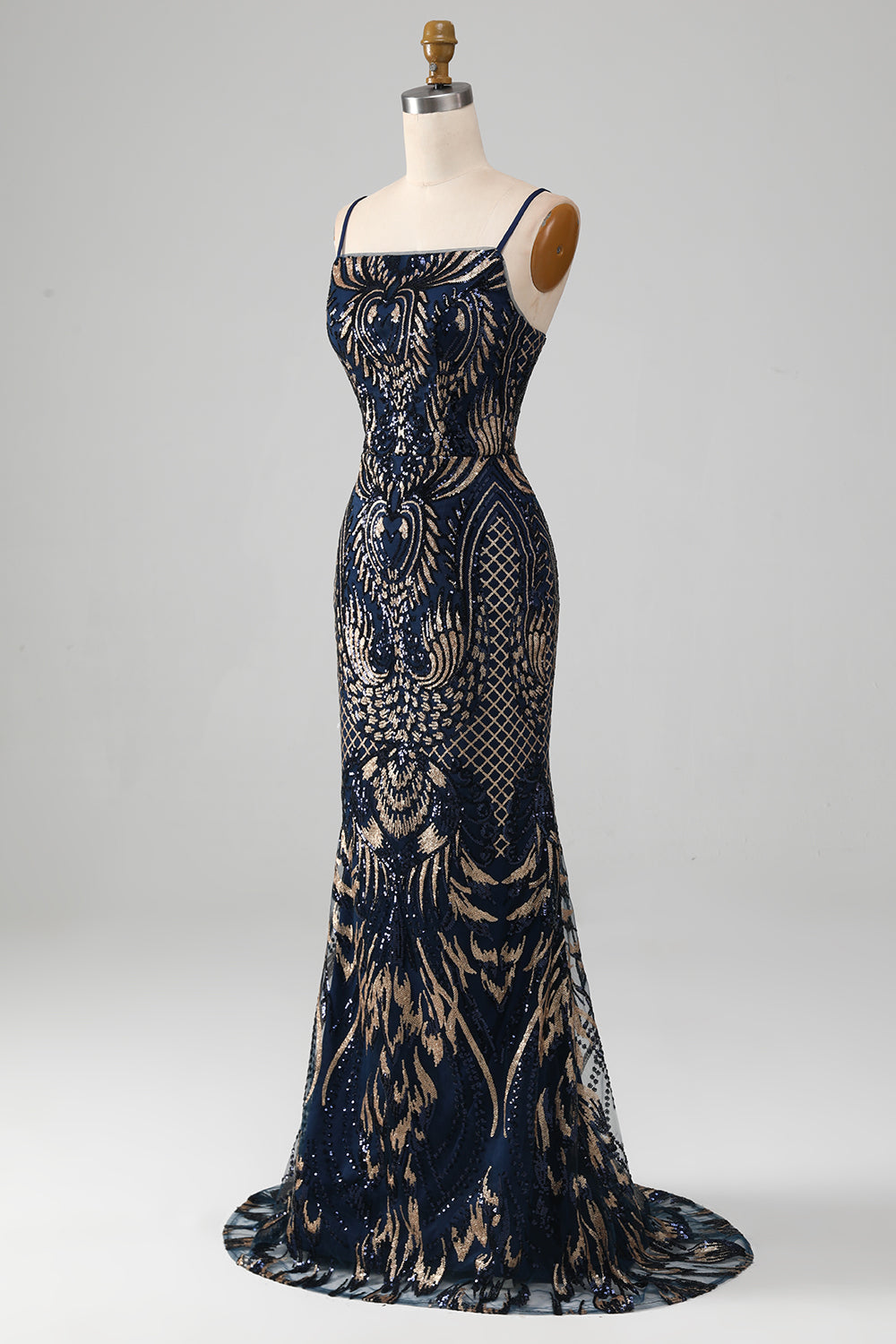 Sparkly Navy Mermaid Spaghetti Straps Ball Dress