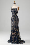 Sparkly Navy Mermaid Spaghetti Straps Ball Dress