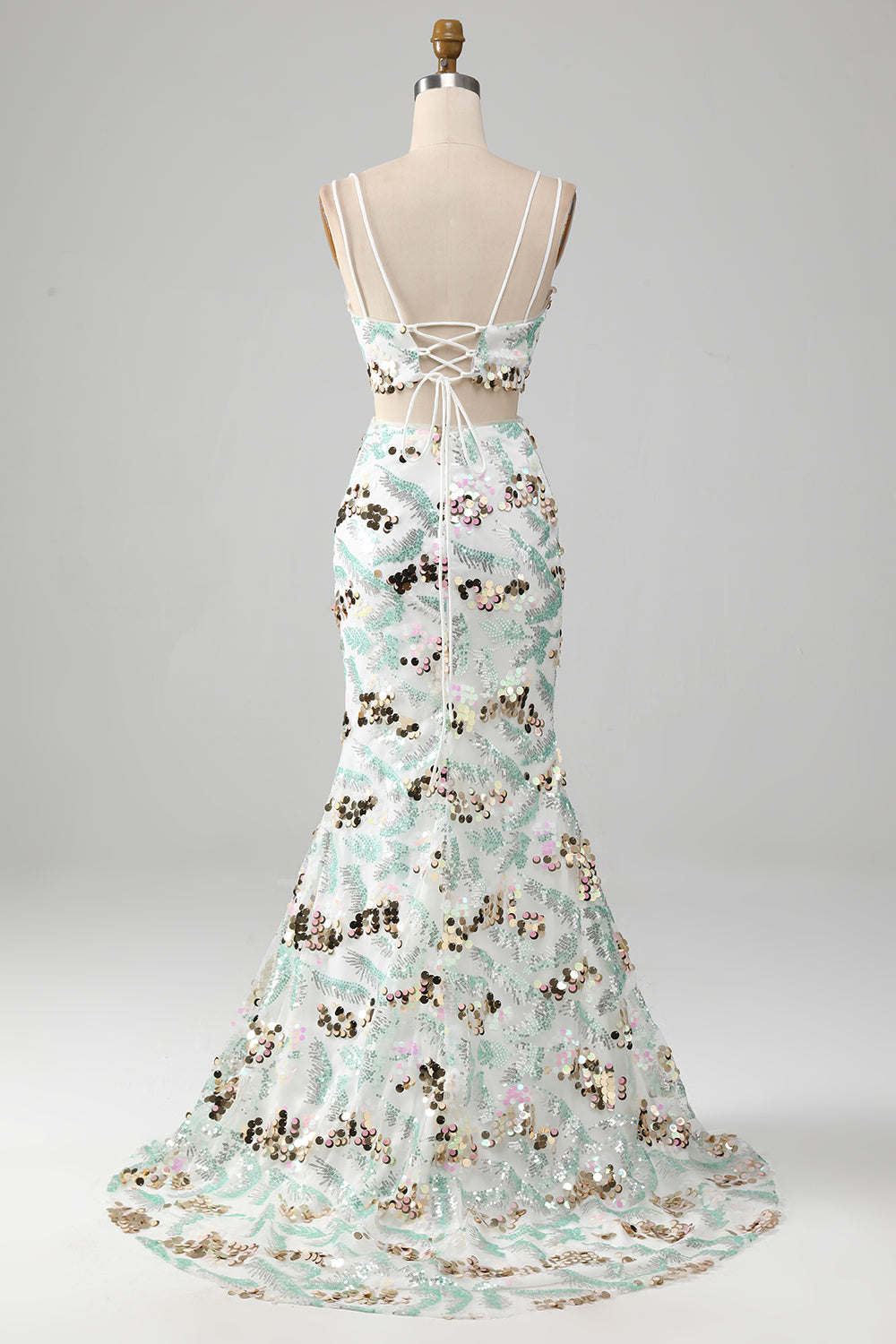 White Two-Piece Sparkly Mermaid Ball Dress with Slit