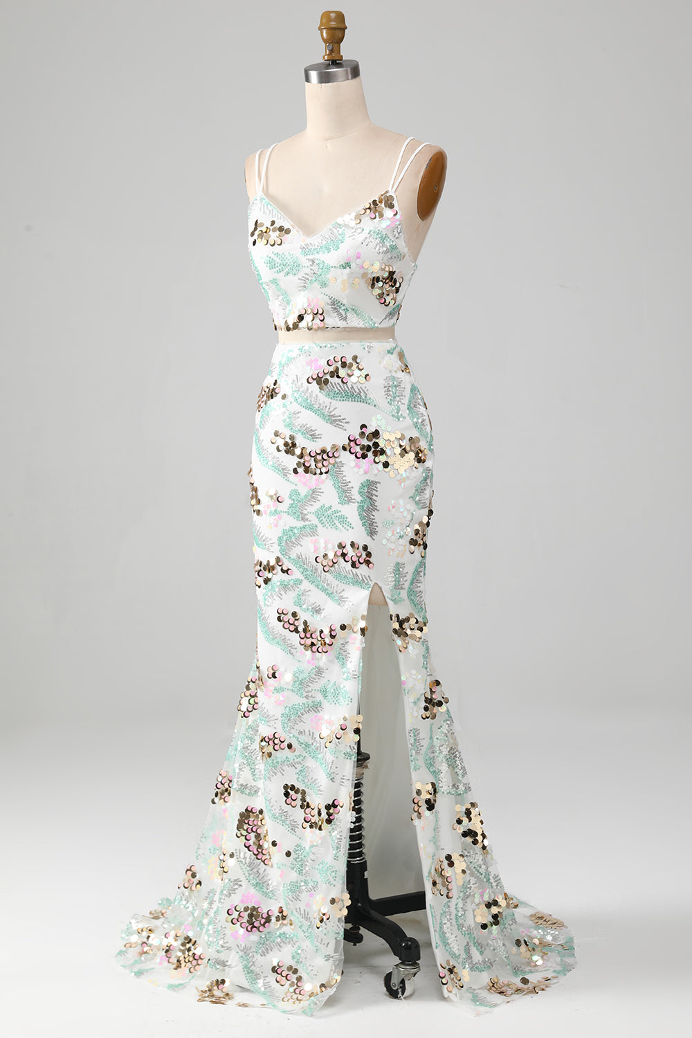 White Two-Piece Sparkly Mermaid Ball Dress with Slit