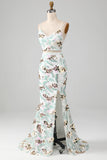 White Two-Piece Sparkly Mermaid Ball Dress with Slit