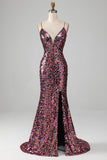 Purple Mermaid Sparkly Ball Dress with Slit