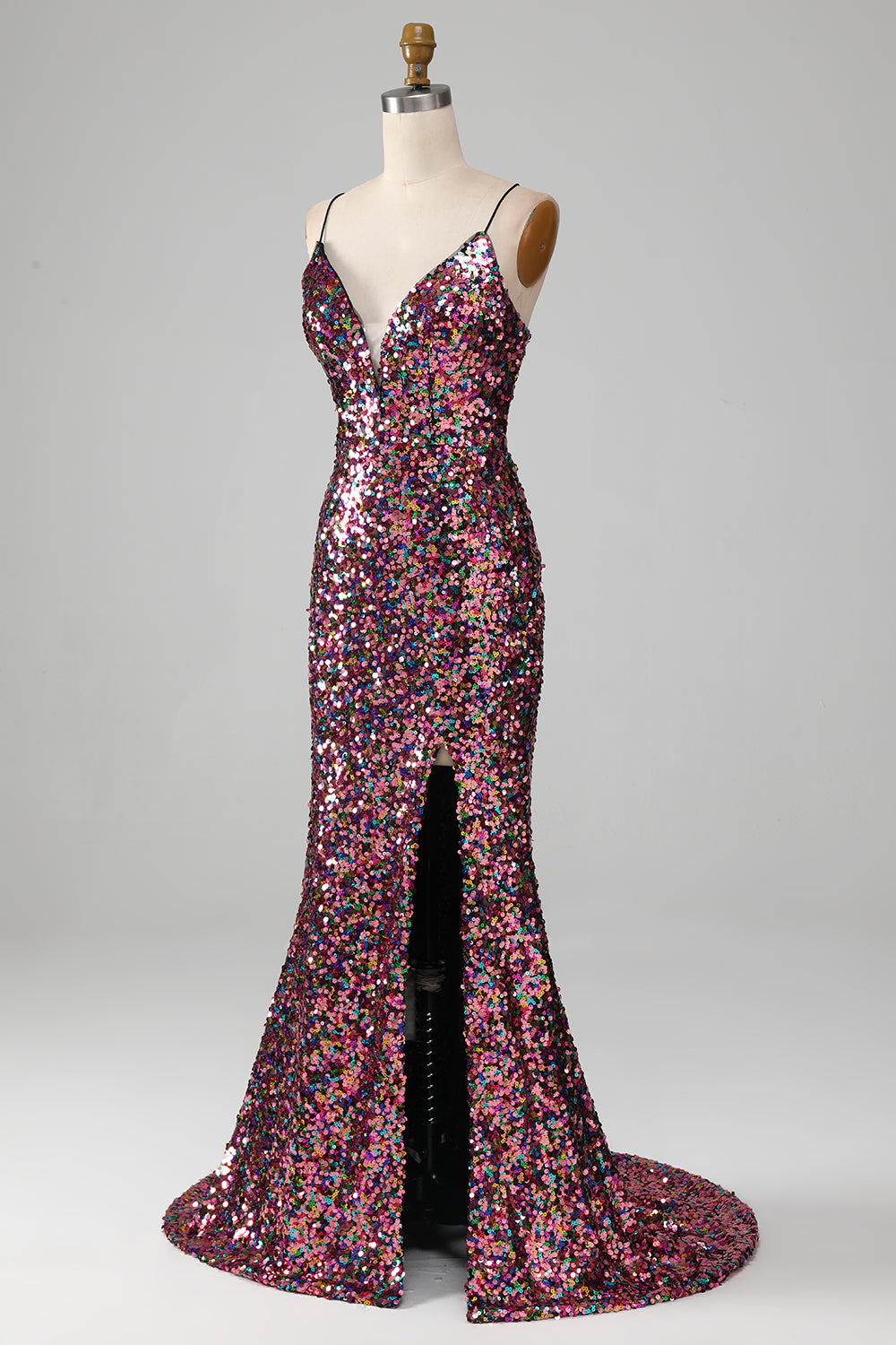 Purple Mermaid Sparkly Ball Dress with Slit