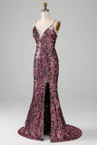 Purple Mermaid Sparkly Ball Dress with Slit