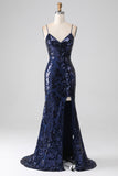 Shimmering Sequin Mermaid Spaghetti Strap Long Ball Dress with Slit