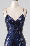 Shimmering Sequin Mermaid Spaghetti Strap Long Ball Dress with Slit