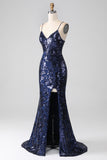 Shimmering Sequin Mermaid Spaghetti Strap Long Ball Dress with Slit