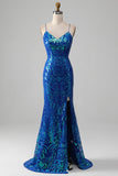 Royal Blue Mermaid Sparkly Ball Dress with Slit