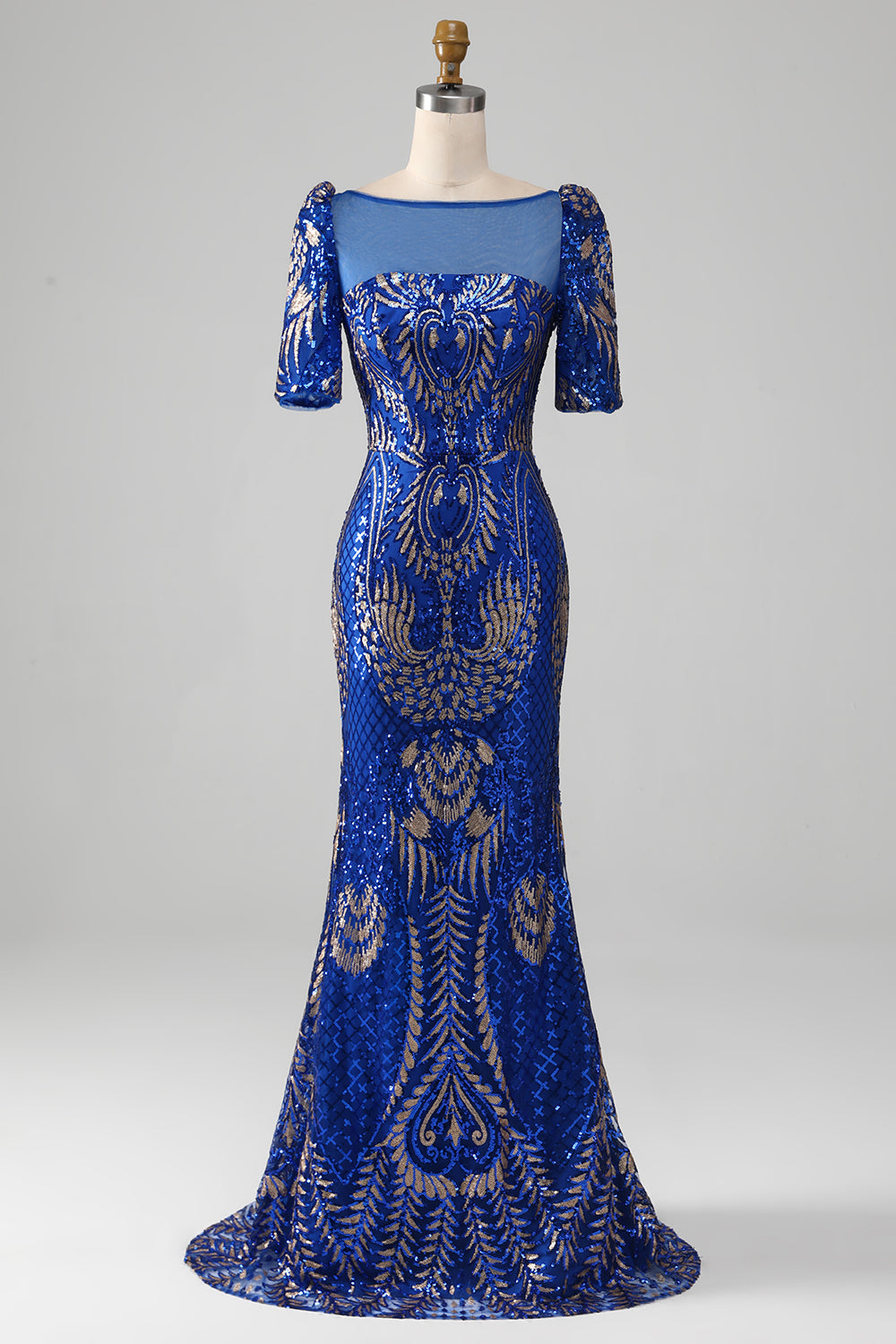 Mermaid Royal Blue Sparkly Ball Dress with Short Sleeves