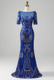 Mermaid Royal Blue Sparkly Ball Dress with Short Sleeves