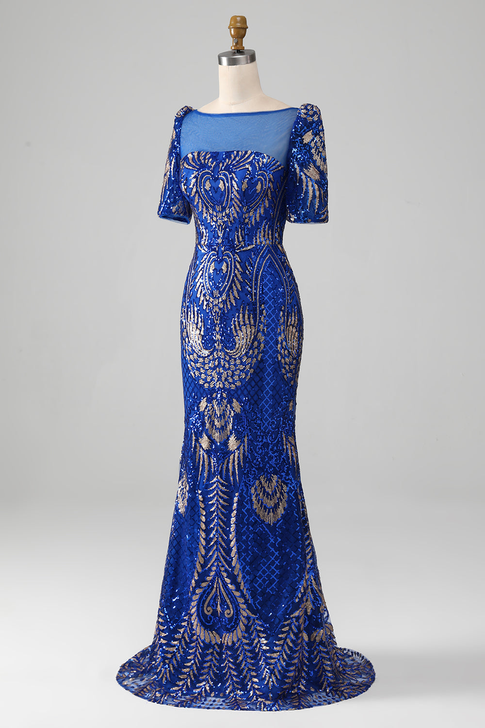 Mermaid Royal Blue Sparkly Ball Dress with Short Sleeves