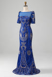 Mermaid Royal Blue Sparkly Ball Dress with Short Sleeves