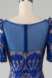 Mermaid Royal Blue Sparkly Ball Dress with Short Sleeves
