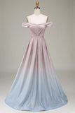 Sparkly Grey Pink Off the Shoulder Ball Dress with Pleated