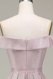 Sparkly Grey Pink Off the Shoulder Ball Dress with Pleated
