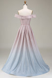 Sparkly Grey Pink Off the Shoulder Ball Dress with Pleated