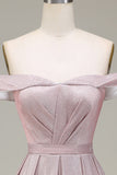 Sparkly Grey Pink Off the Shoulder Ball Dress with Pleated