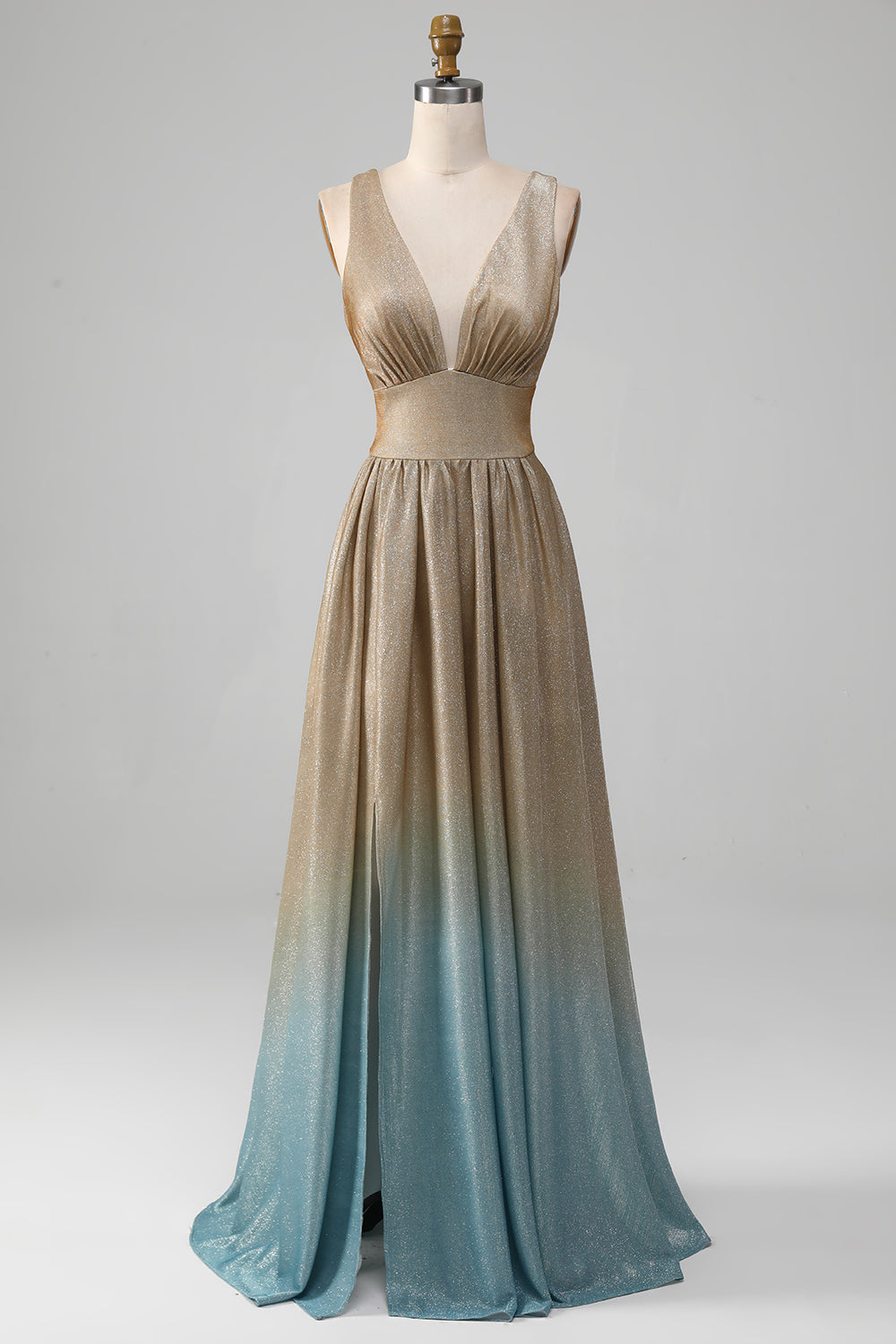Glitter A-Line V-Neck Pleated Golden Ball Dress with Slit