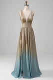 Glitter A-Line V-Neck Pleated Golden Ball Dress with Slit