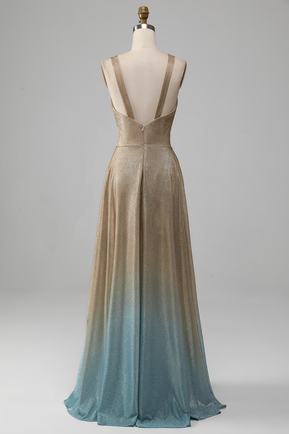 Glitter A-Line V-Neck Pleated Golden Ball Dress with Slit