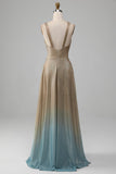 Glitter A-Line V-Neck Pleated Golden Ball Dress with Slit