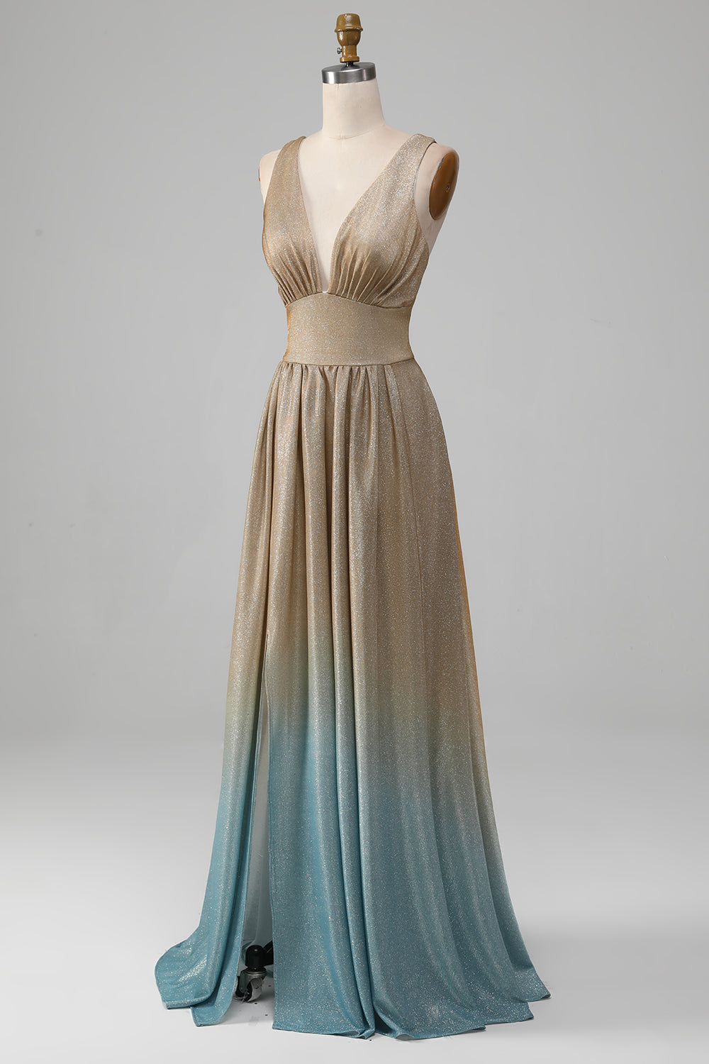 Glitter A-Line V-Neck Pleated Golden Ball Dress with Slit