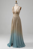 Glitter A-Line V-Neck Pleated Golden Ball Dress with Slit